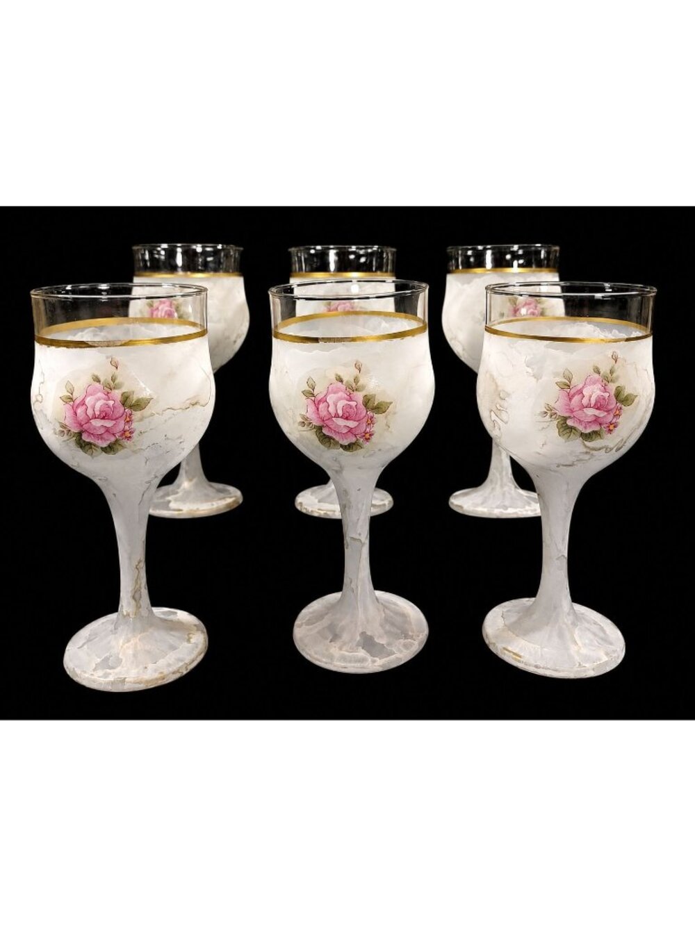 Vintage Arte Murano Scavo Bianco Shabby Chic Roses Wine Glasses Set 6.75" Tall